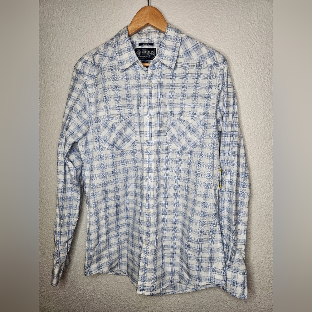 American Rag Men's Blue Plaid Button Down Shirt Long Sleeved Pockets Size Medium